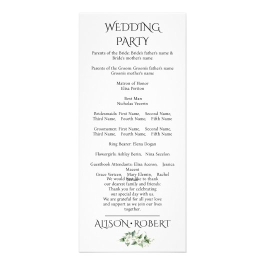 Eukalyptuszweig, Hochzeitsprogramm für weiße Blume Werbekarte (Hinten)