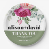 Eukalyptuszweige mit rosa Rosenblütenhochzeit Pappteller (Vorderseite)