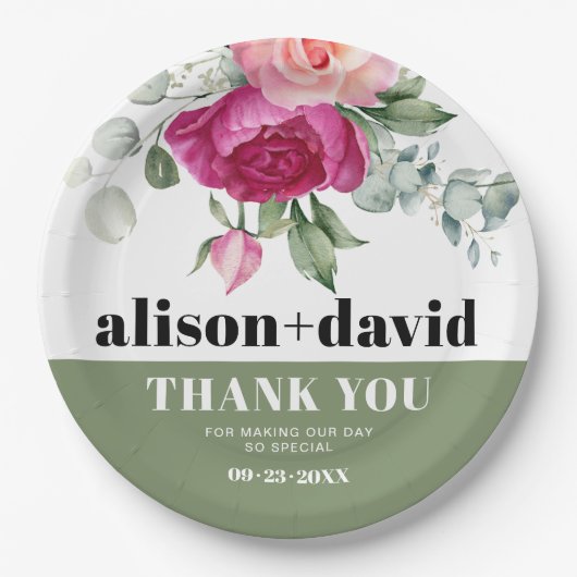 Eukalyptuszweige mit rosa Rosenblütenhochzeit Pappteller (Vorderseite)