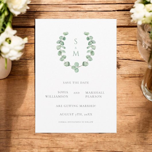 Eukalypus Monogramm Save the Date Einladung
