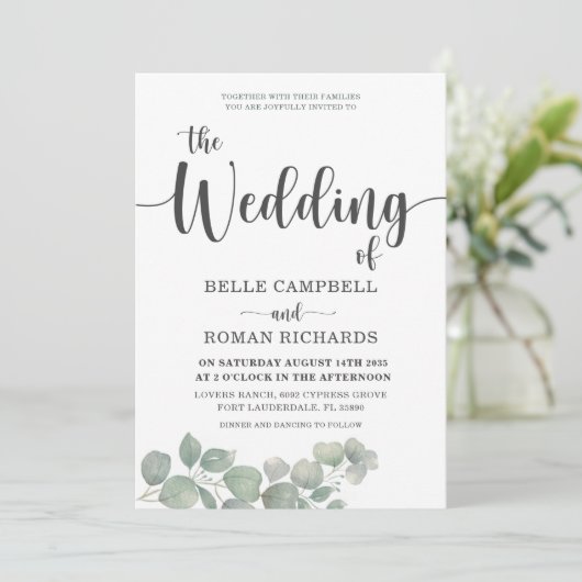 Eukalyputus Dusty Blue Wedding Einladung (Stehend Vorderseite)