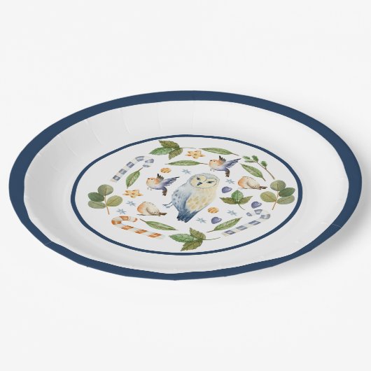 Eule auf Baumstumpf Vögel Blätter Kandy Canes Pappteller (Schrägansicht)