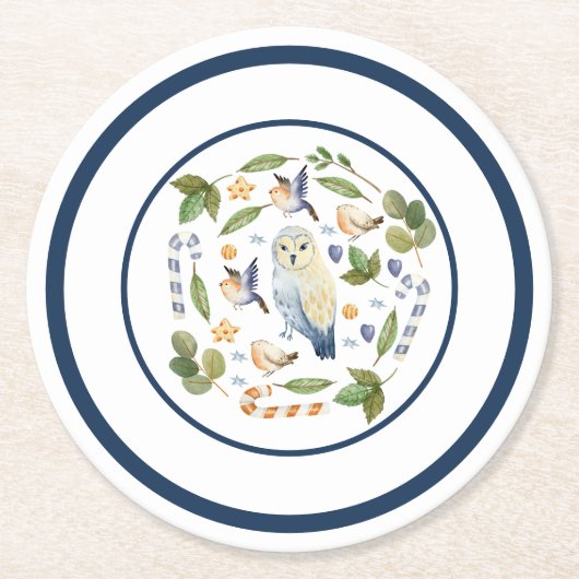 Eule auf Baumstumpf Vögel Blätter Kandy Canes Runder Pappuntersetzer (Vorderseite)