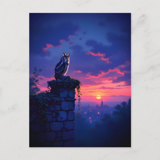 Eule auf dem Dach von Sunset City Postkarte (Vorderseite)