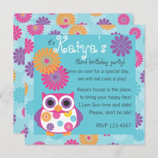 Eule auf der rechten Seite Einladung (Vorne/Hinten)