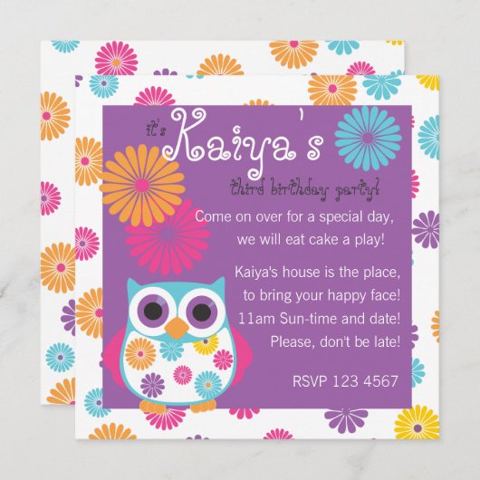 Eule auf der rechten Seite Einladung (Vorne/Hinten)