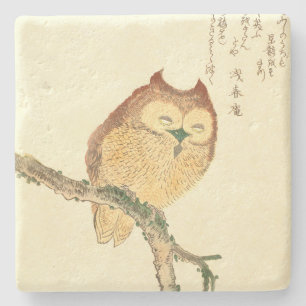 Eule auf einem Ast - Vintage japanische Kunst Steinuntersetzer