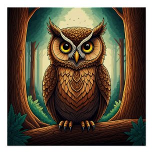 Eule auf einem Baumstamm in einem Wald sitzend Poster