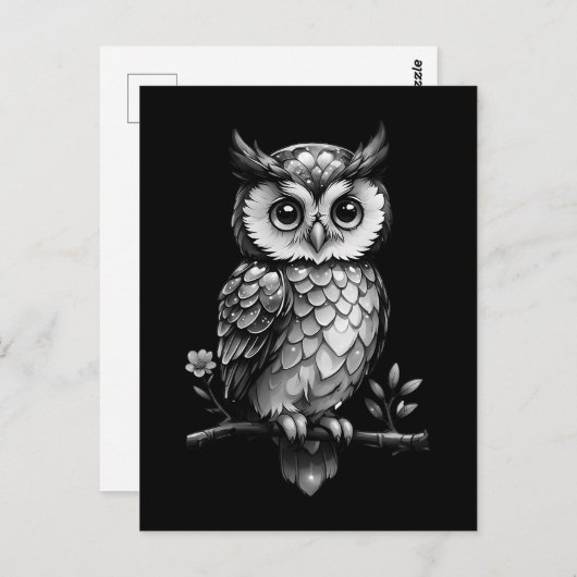 Eule auf einem blühenden Ast - schwarz weiß Postkarte (Vorne/Hinten)