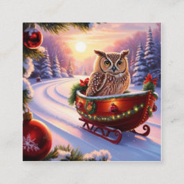 Eule auf einem Schlitten während der Ferien Quadratische Visitenkarte