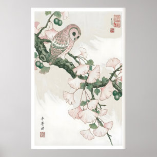 Eule auf Ginkgo-Wandkunst - Ruhig, Vintage-Botanik Poster