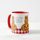 Eule auf Pumpkin Gingham Pattern Tasse (Vorderseite Links)