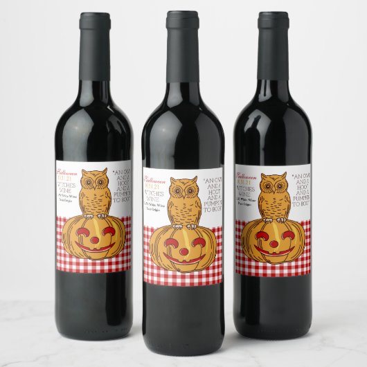 Eule auf Pumpkin Gingham Pattern Weinetikett (Flaschen)