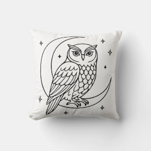 Eule auf zunehmendem Mond mit Line-Art-Sternen Kissen