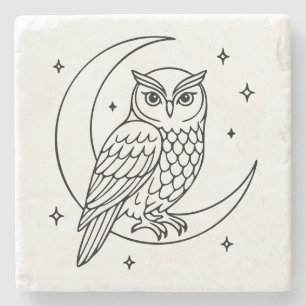 Eule auf zunehmendem Mond mit Line-Art-Sternen Steinuntersetzer