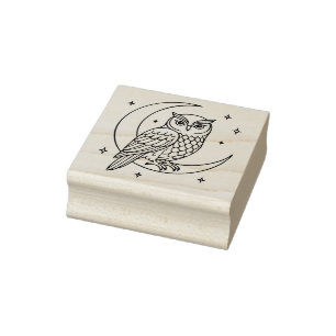 Eule auf zunehmendem Mond mit Sternen Linienkunst Gummistempel