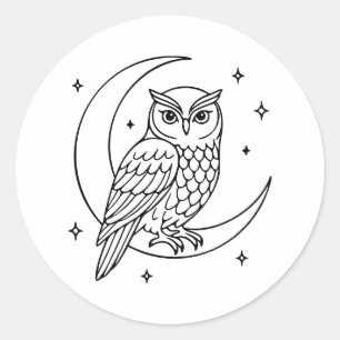 Eule auf zunehmendem Mond mit Sternen Linienkunst Runder Aufkleber