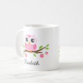 Eule auf Zweig mit rosa Blume personalisierter Nam Kaffeetasse (Vorderseite Links)