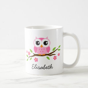 Eule auf Zweig mit rosa Blume personalisierter Nam Kaffeetasse