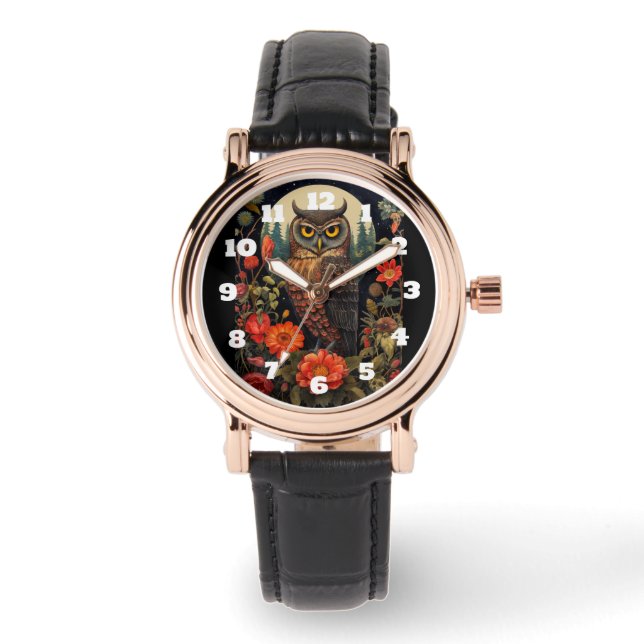 Eule bei Nacht mit Vollmond Armbanduhr (Vorderseite)