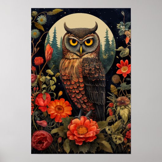 Eule bei Nacht mit Vollmond Poster (Vorne)
