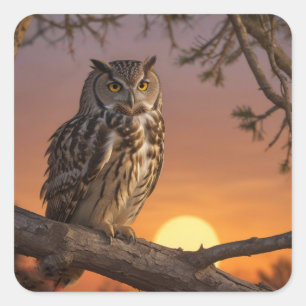 Eule bei Sonnenuntergang Quadratischer Aufkleber