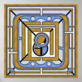 Eule - Blau und Gold Art Deco Abstrakt Poster (Vorne)