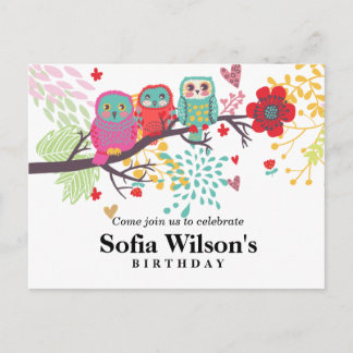 Eule, Blume Geburtstag Postkarte Einladung