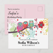 Eule, Blume Geburtstag Postkarte Einladung (Vorne/Hinten)