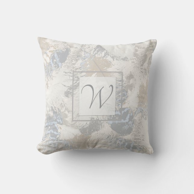 Eule Feathers, grau, beige und blau, Monogramm Kissen (Vorderseite)