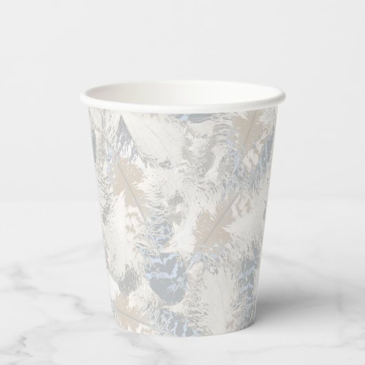 Eule Feathers, grau, beige und blau, Vogel, Licht, Pappbecher (Rückseite)