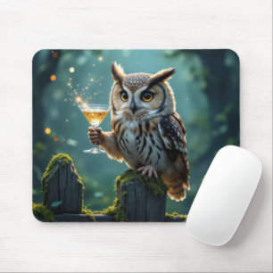 Eule hält Cocktail in einem mystischen Wald Mousepad