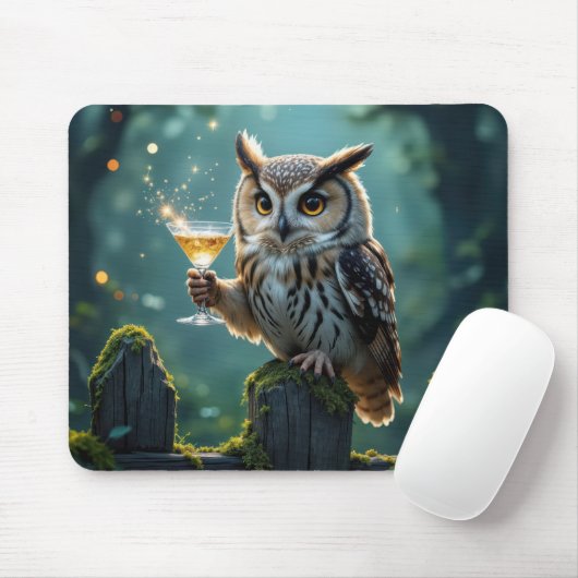 Eule hält Cocktail in einem mystischen Wald Mousepad (Mit Mouse)