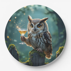 Eule hält Cocktail in einem mystischen Wald Pappteller