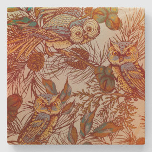 Eule Herbst Tannenzapfen vintage orange blau Muste Steinuntersetzer