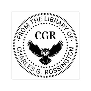 Eule im Flug Vorderansicht Bibliotheksbuch Name Permastempel
