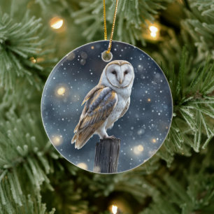 Eule im Schnee Winter-Sonnenwende oder Weihnachten Keramik Ornament