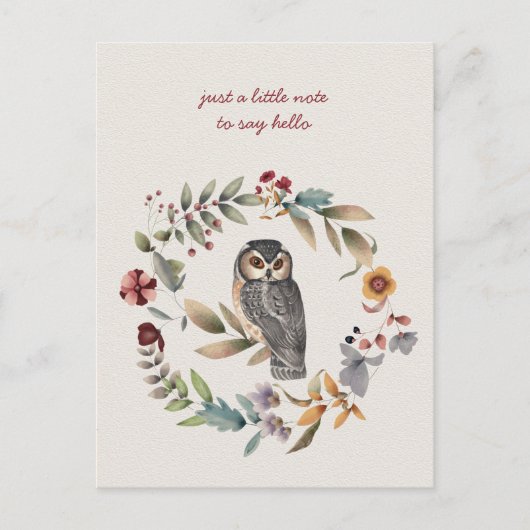 Eule in einem Blumenkranz - In Gedanken bei Dir Postkarte (Vorderseite)