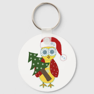 Eule in einem Weihnachtsmannhut mit Weihnachtsbaum Schlüsselanhänger