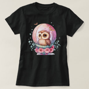 Eule in einer Glaskugel mit rosa Blumen und Herz T-Shirt