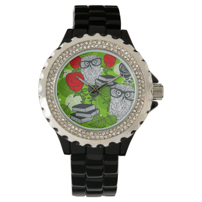 Eule in rote Rosen Armbanduhr (Vorderseite)