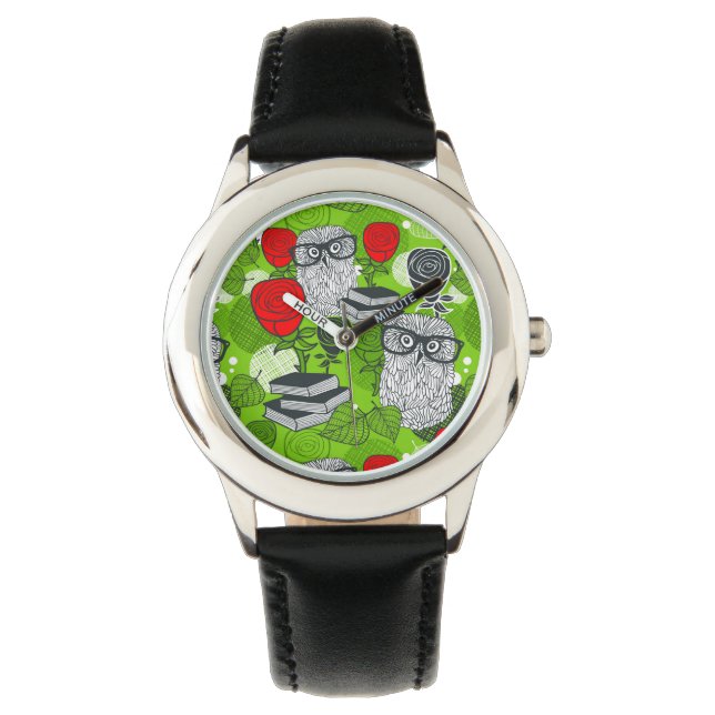 Eule in rote Rosen Armbanduhr (Vorderseite)