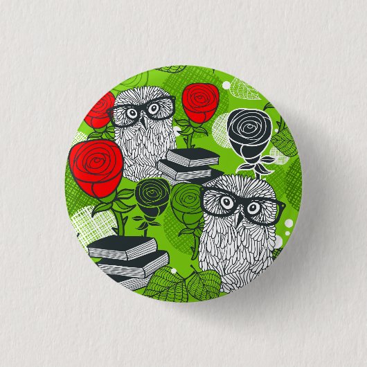 Eule in rote Rosen Button (Vorderseite)