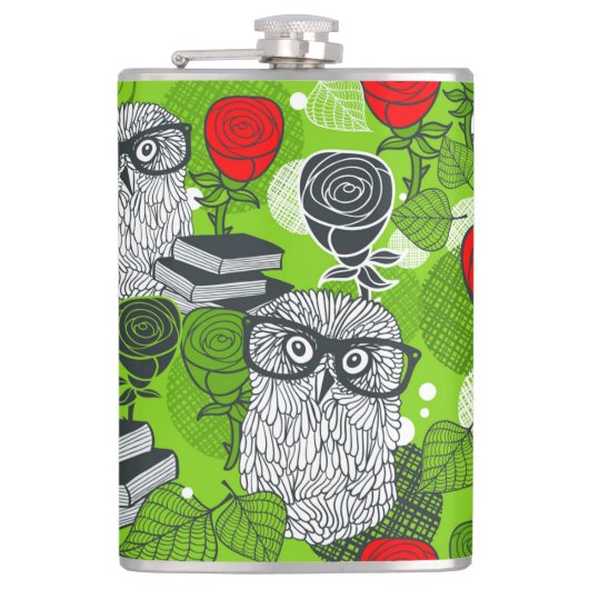 Eule in rote Rosen Flachmann (Vorderseite)