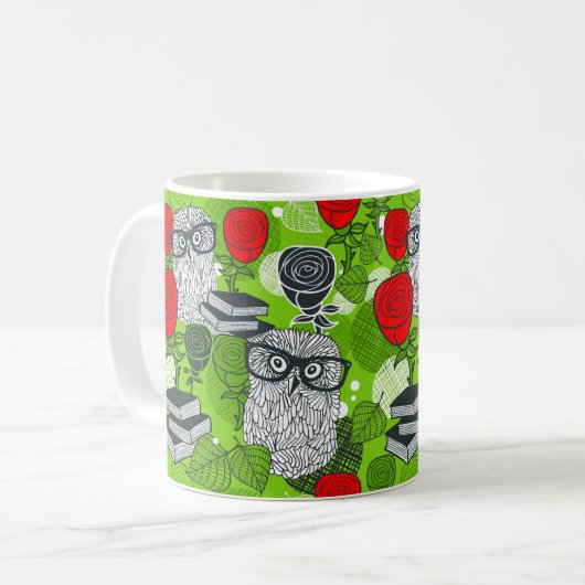 Eule in rote Rosen Kaffeetasse (Vorderseite Links)