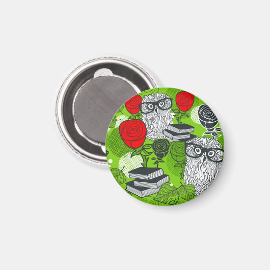 Eule in rote Rosen Magnet (Vorderseite/Rückseite)