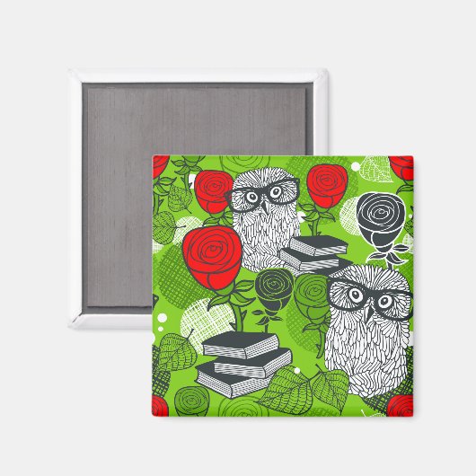 Eule in rote Rosen Magnet (Vorderseite/Rückseite)