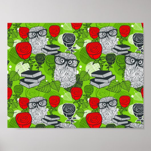 Eule in rote Rosen Poster (Vorne)