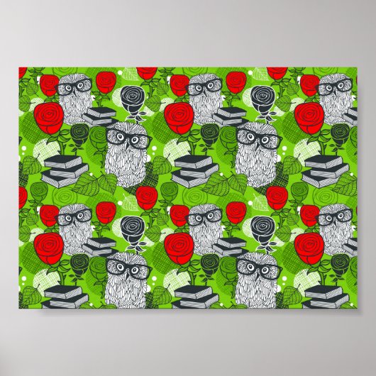 Eule in rote Rosen Poster (Vorne)