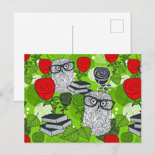 Eule in rote Rosen Postkarte (Vorne/Hinten)